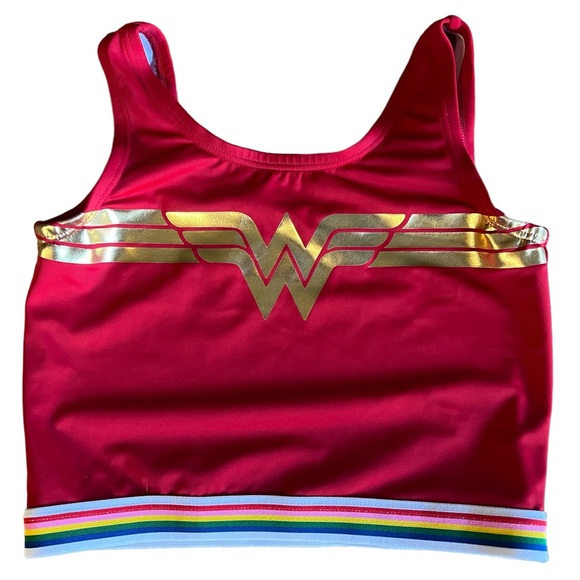 HANNA ANDERSSON x Wonder Woman Swim Top Red Gold Size 10Y Rainbow Striped Band - Picture 1 of 5